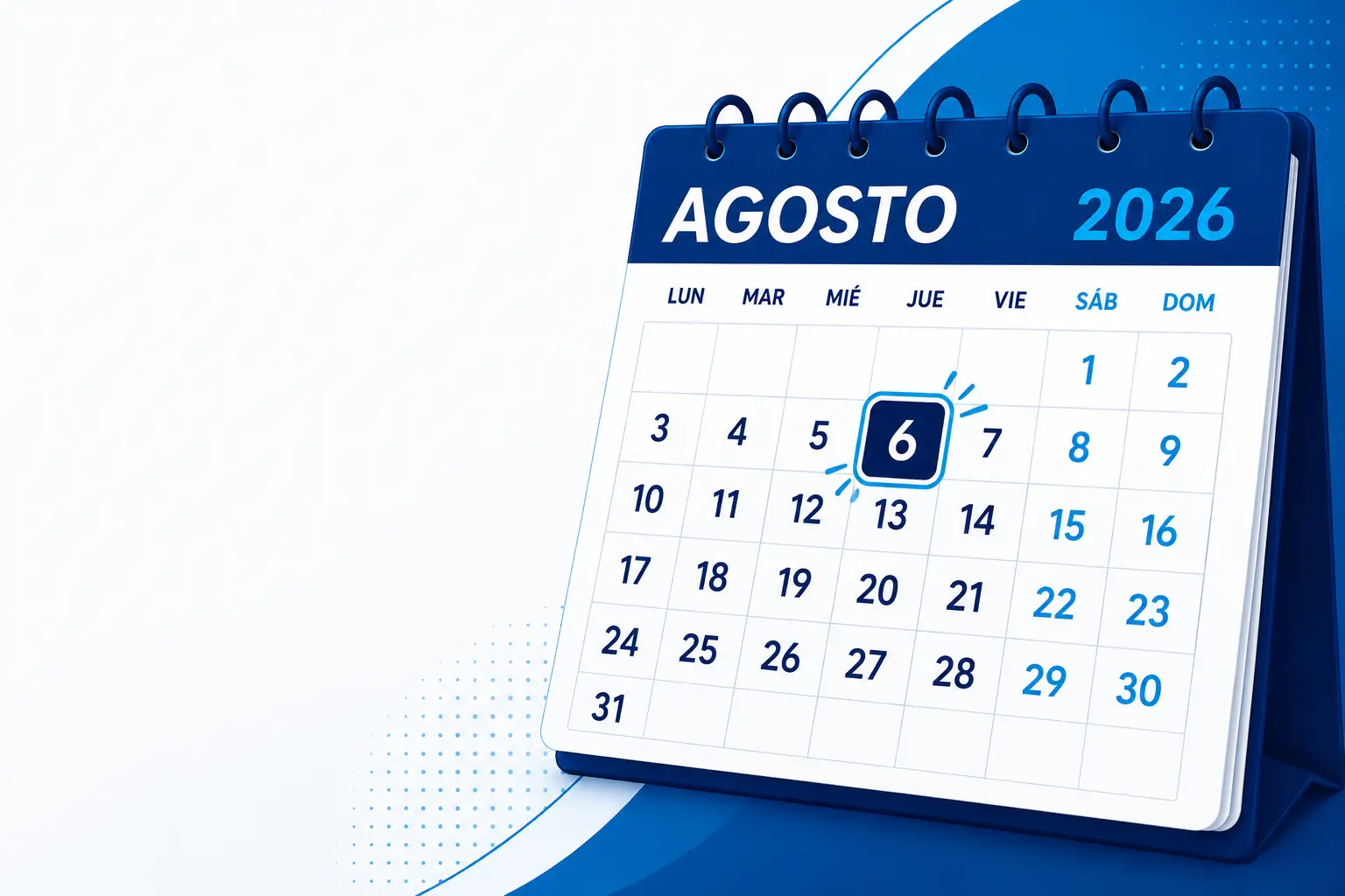 Calendario de agosto 2026 con el día 6 destacado